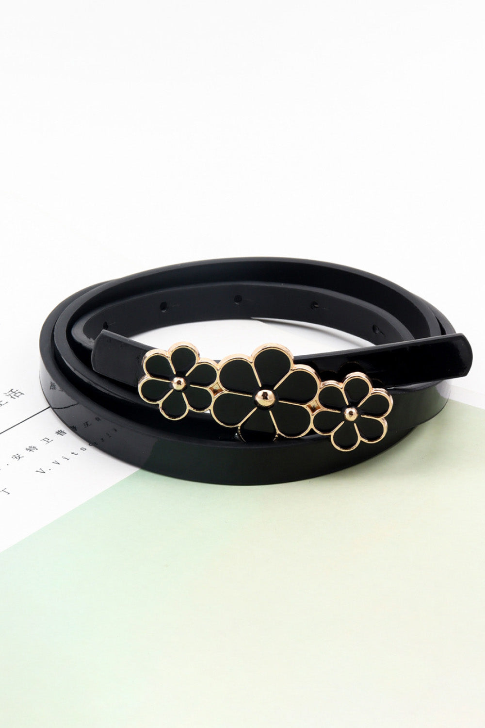 Flower Decor Skinny PU Belt