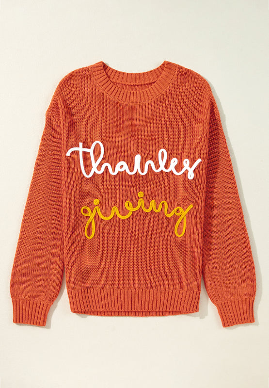 THANKS GIVING Round Neck Long Sleeve Sweater