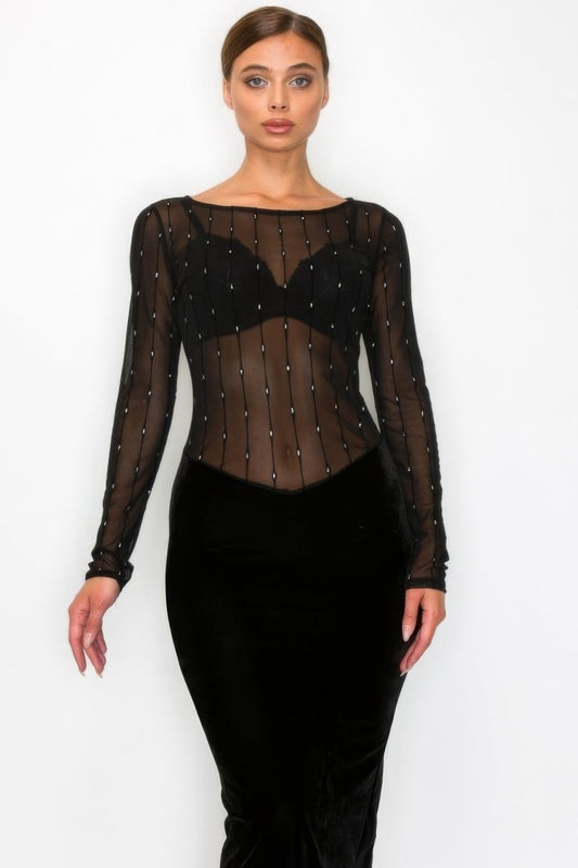 Black Velvet Dress - Sheer Contrast Holiday Midi