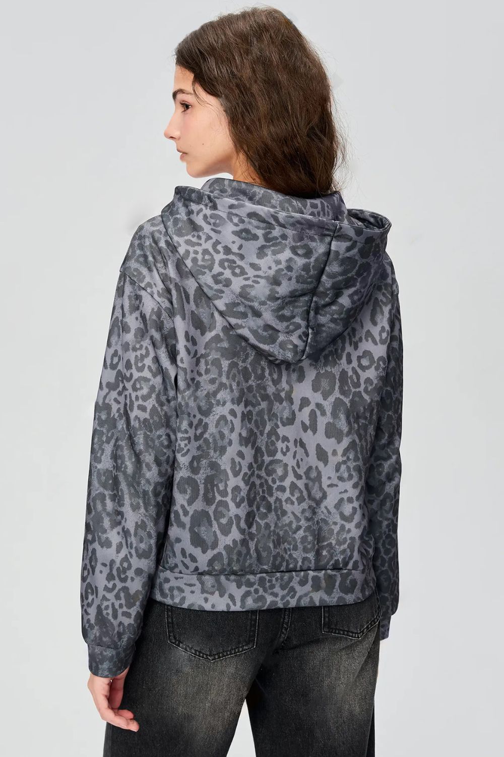 Pocketed Leopard Zip Up Hooded Jacket