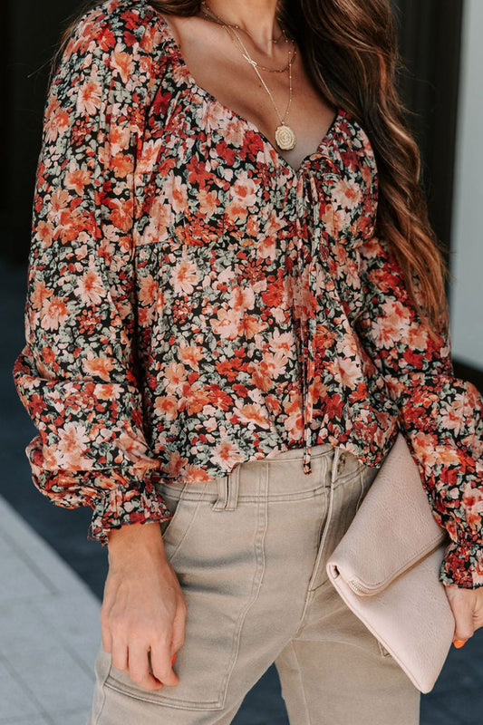 Peplum Tied Flora Long Sleeve Blouse