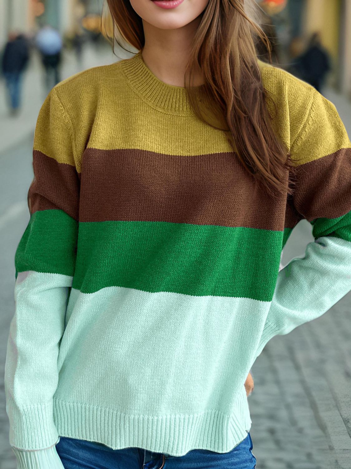 Color Block Round Neck Long Sleeve Sweater