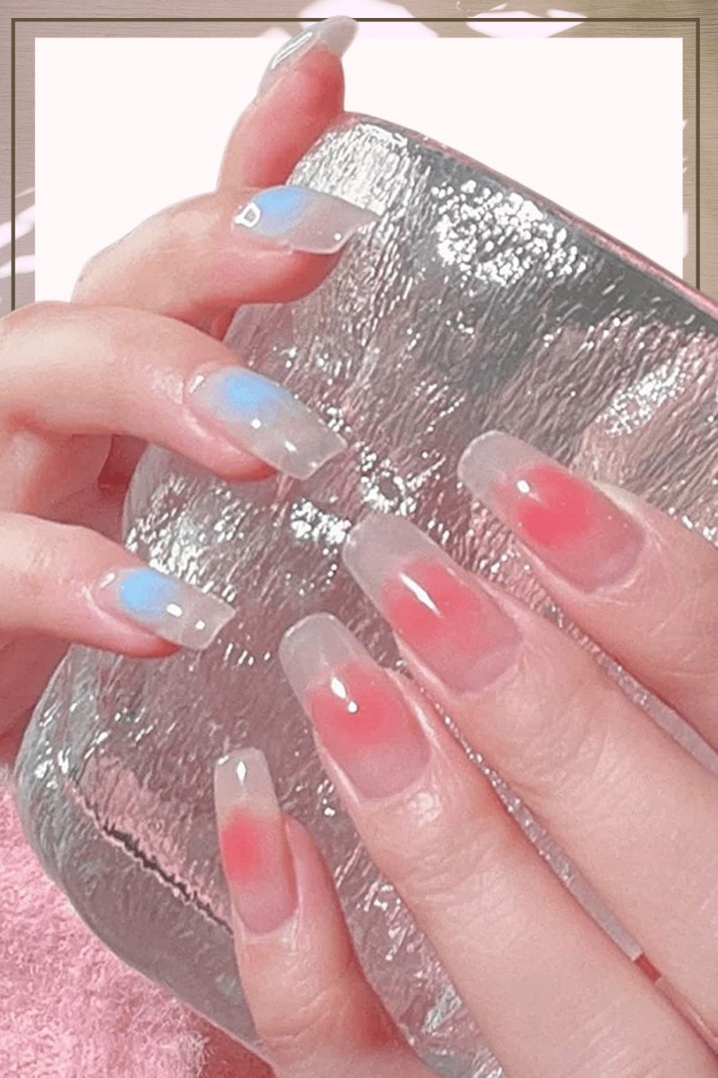 Clear Press On Nails Red French Glossy Coffin Blue Nail Kit