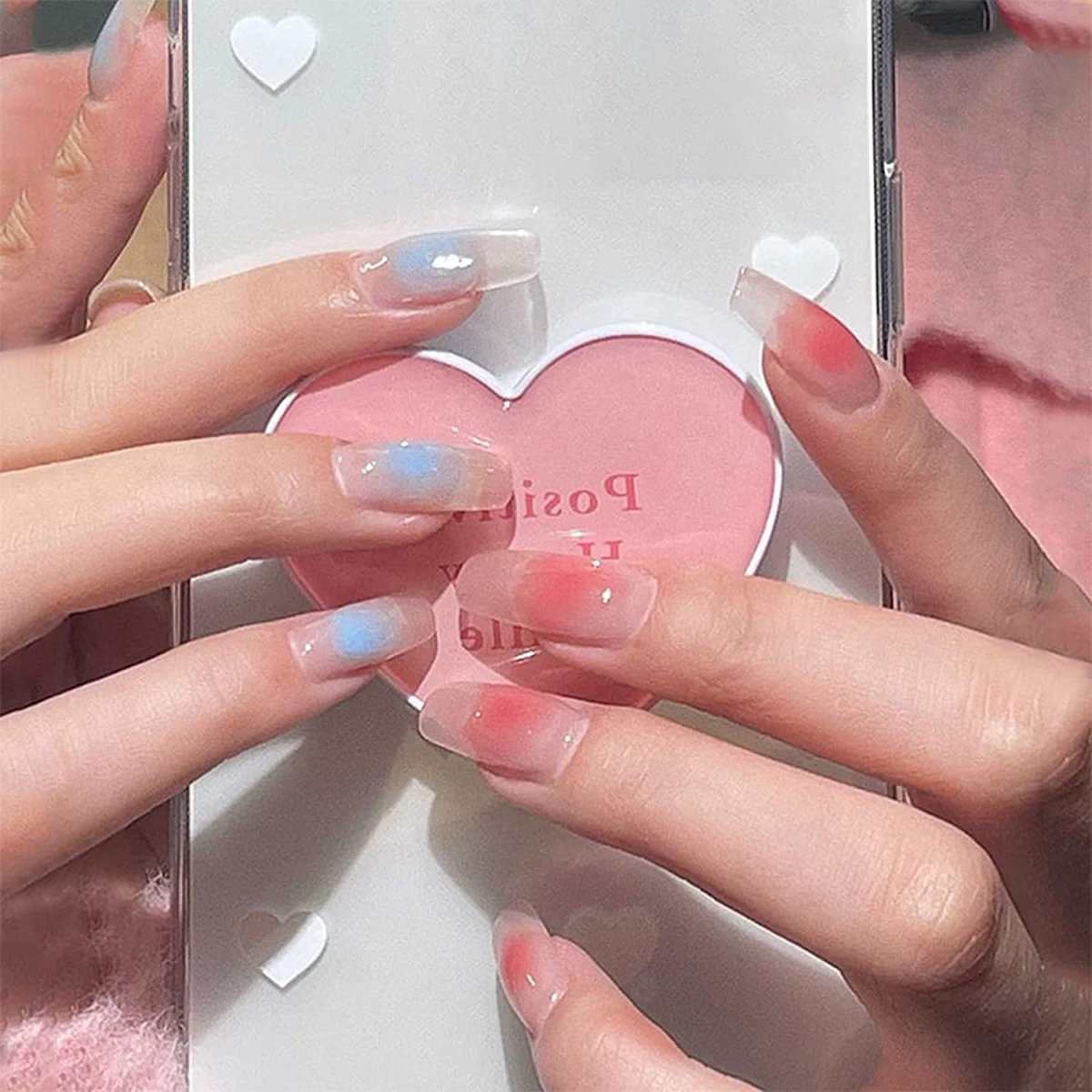 Clear Press On Nails Red French Glossy Coffin Blue Nail Kit