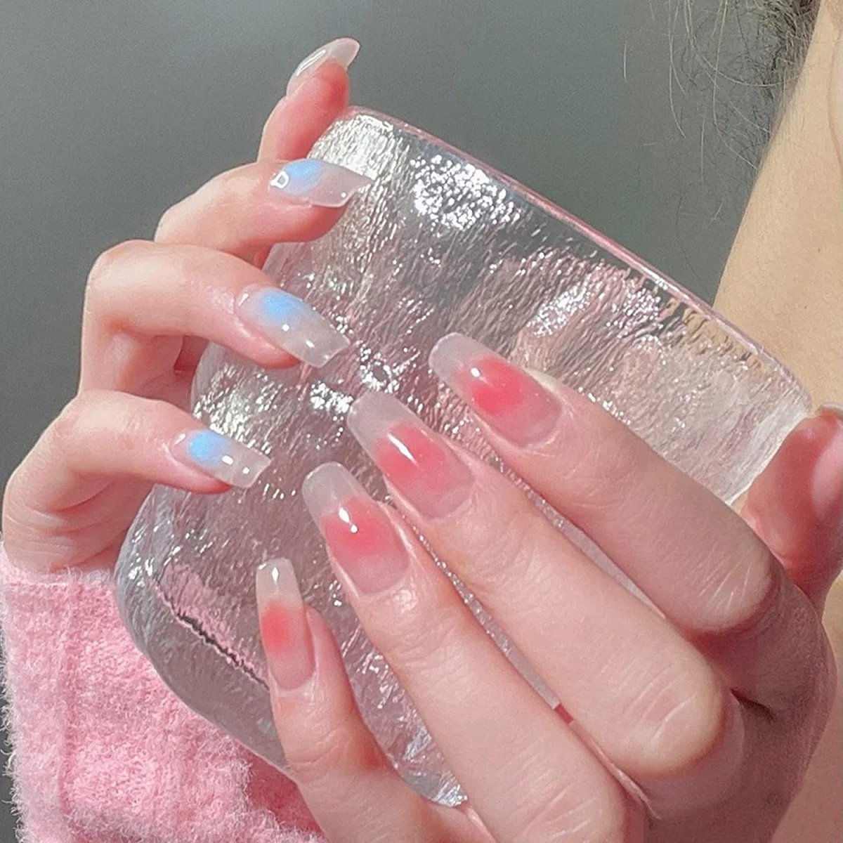 Clear Press On Nails Red French Glossy Coffin Blue Nail Kit