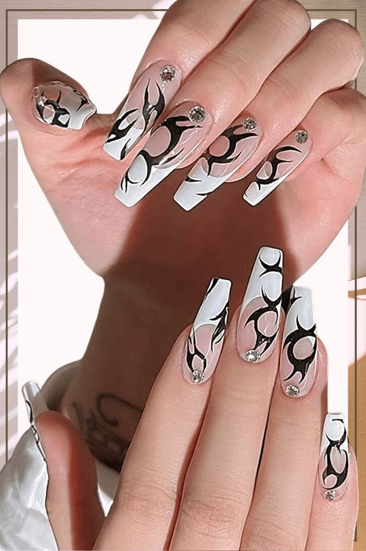 Clear Press On Nails White French Glossy Coffin Crystal Nail Kit