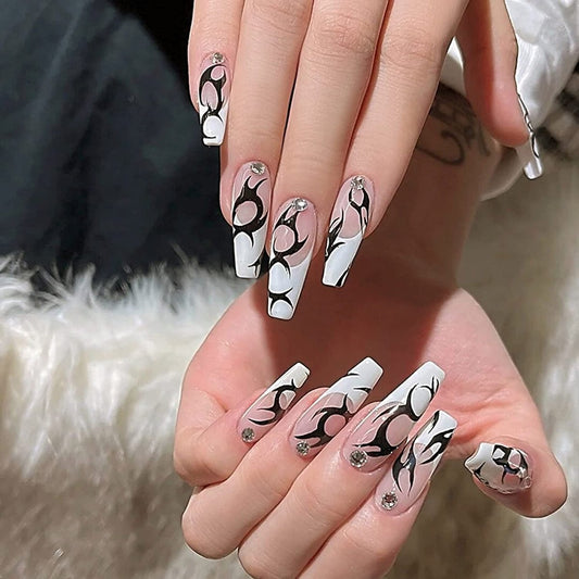 Clear Press On Nails White French Glossy Coffin Crystal Nail Kit