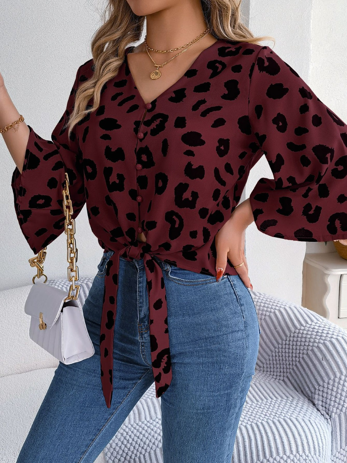 Tied Button Up Leopard V-Neck Blouse