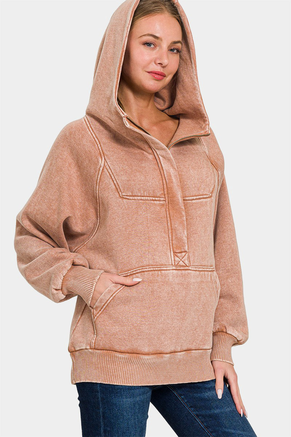 Zenana Acid Wash Fleece Kangaroo Hoodie