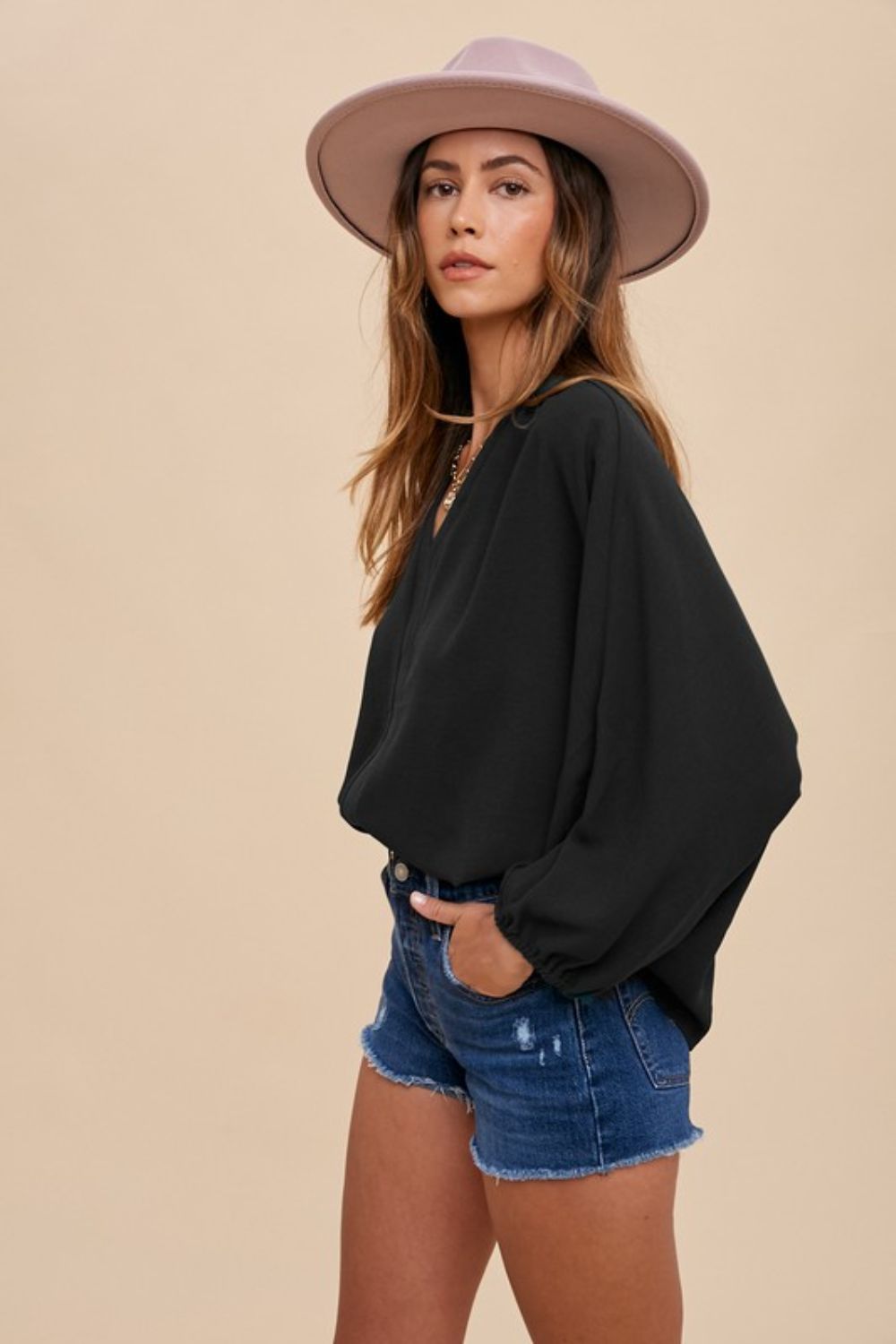 Annie Wear Notched Batwing Sleeve Blouse