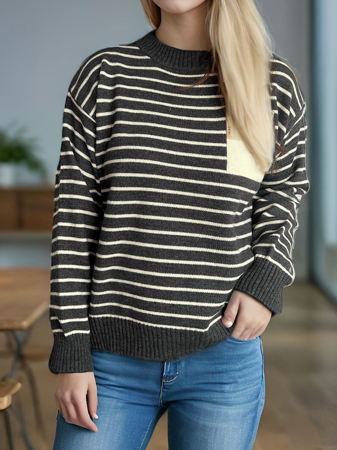 Striped Mock Neck Long Sleeve Sweater