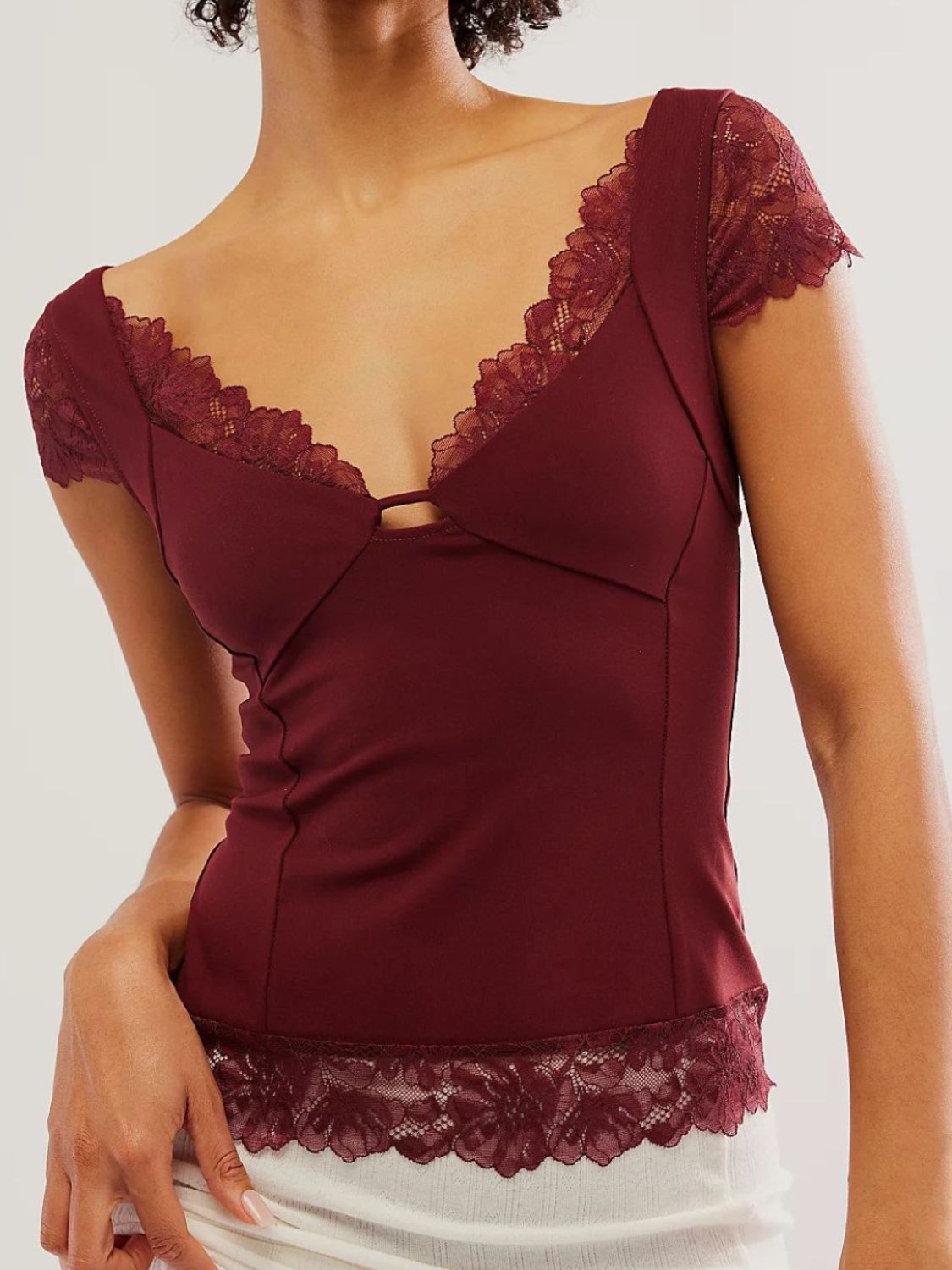 Lace Detail V-Neck Cap Sleeve Top