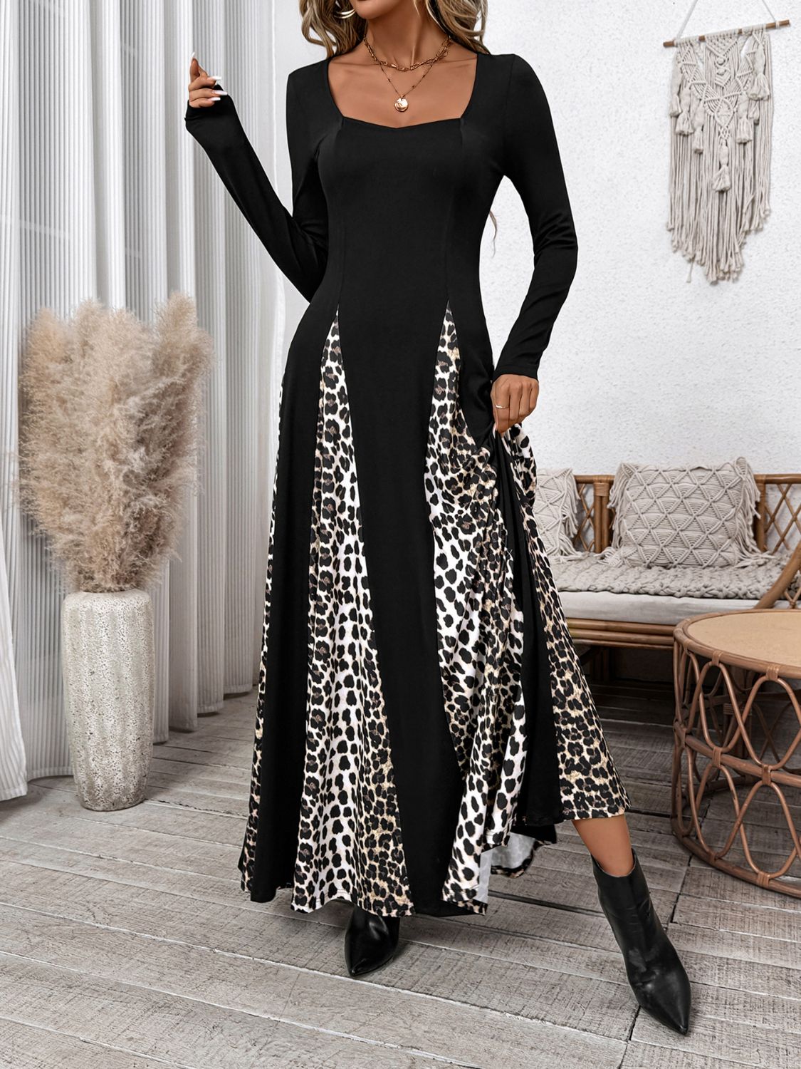 Perfee Leopard Square Neck Long Sleeve Maxi Dress