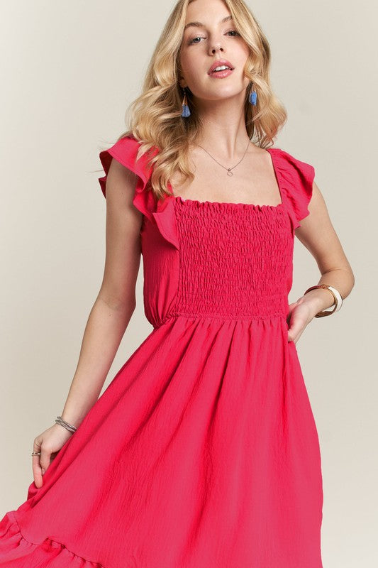 ADORA Smocked Square Neck Ruffled Cap Sleeve Dress