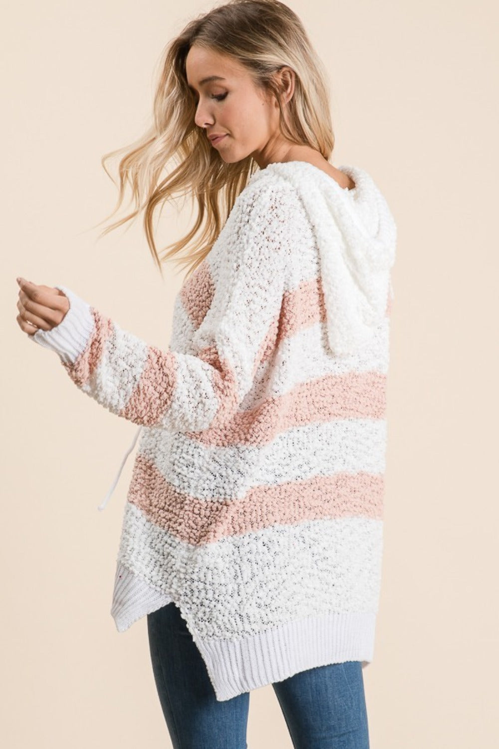 Reborn J Full Size High-Low Striped Popcorn Hoodie Sweater