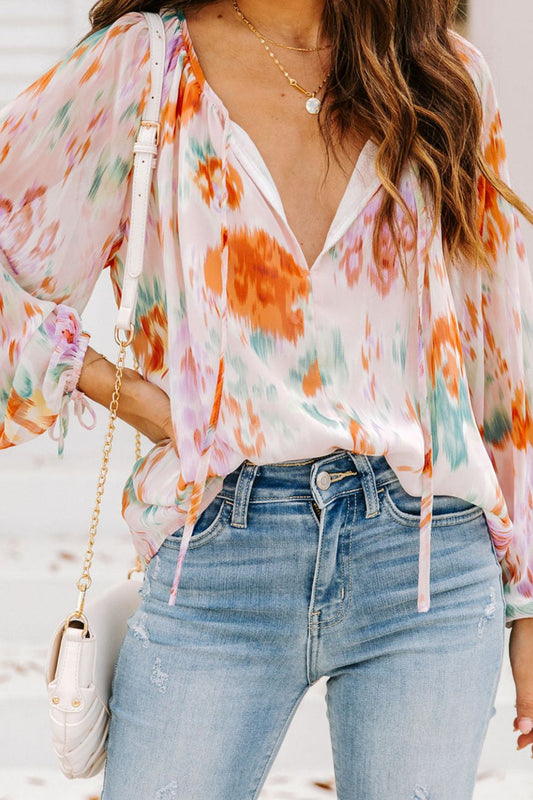 Printed Tie Neck Long Sleeve Blouse