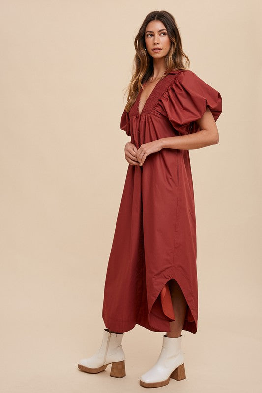 Annie Wear Smocked Puff Sleeve Midi Dress