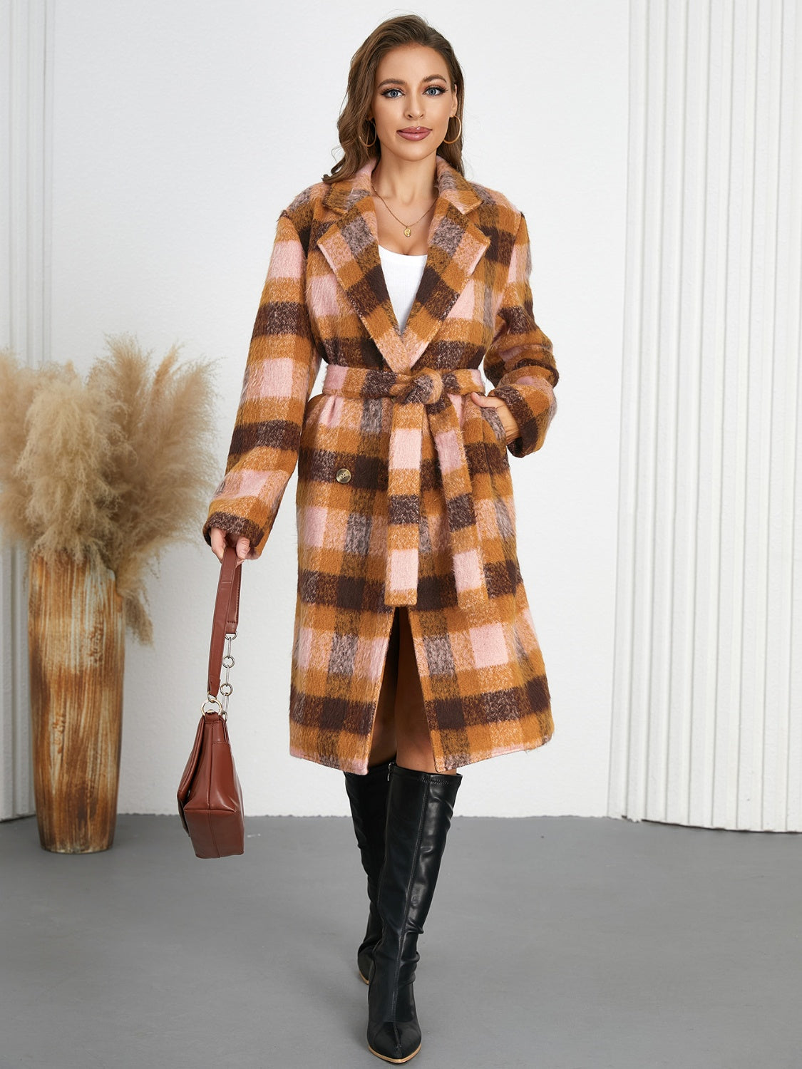 Tied Plaid Collared Neck Coat