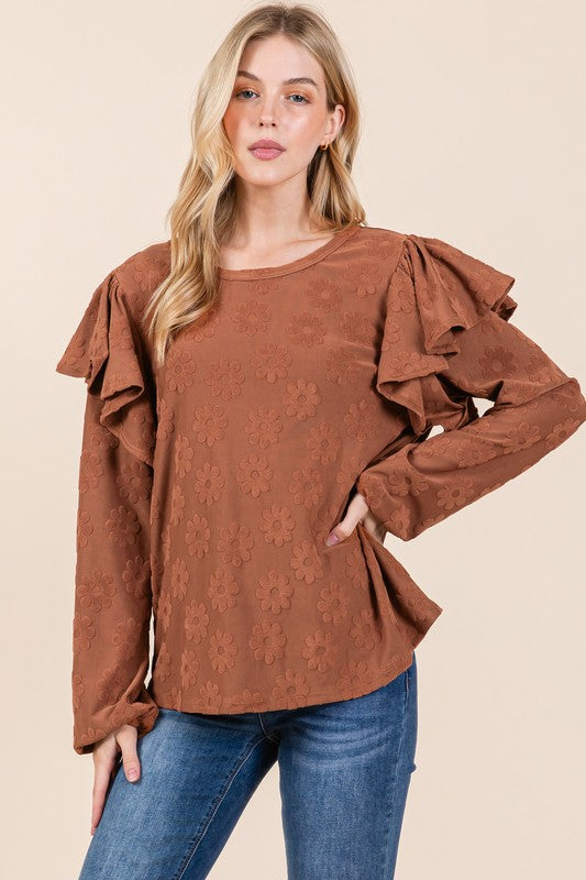 BOMBOM Ruffled Flower Round Neck Blouse