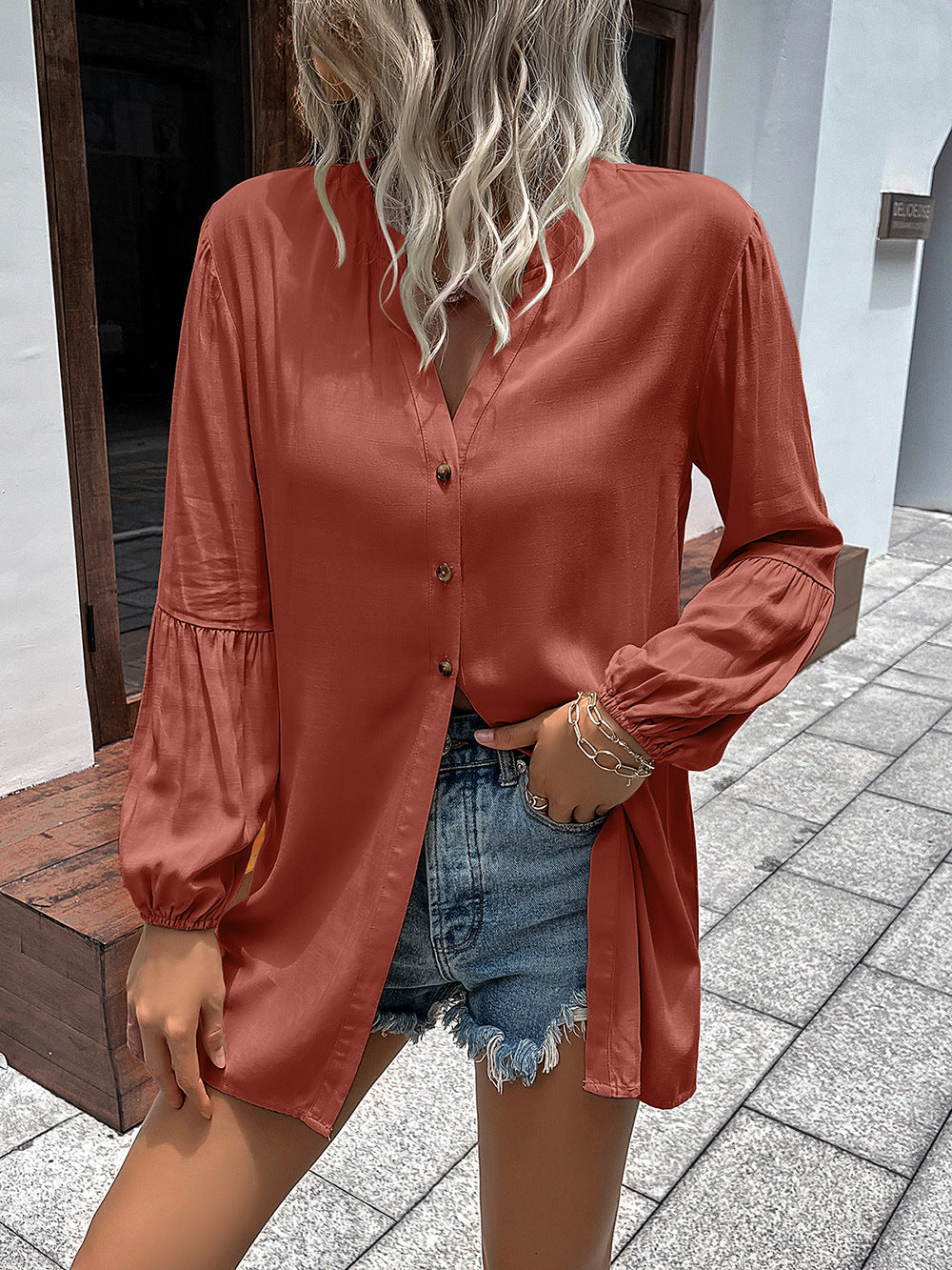 Ivy Lane Notched Neck Balloon Sleeve Shirt