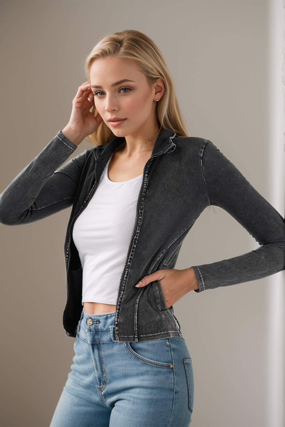 Basic Bae Pocketed Turtleneck Zip Up Denim Top