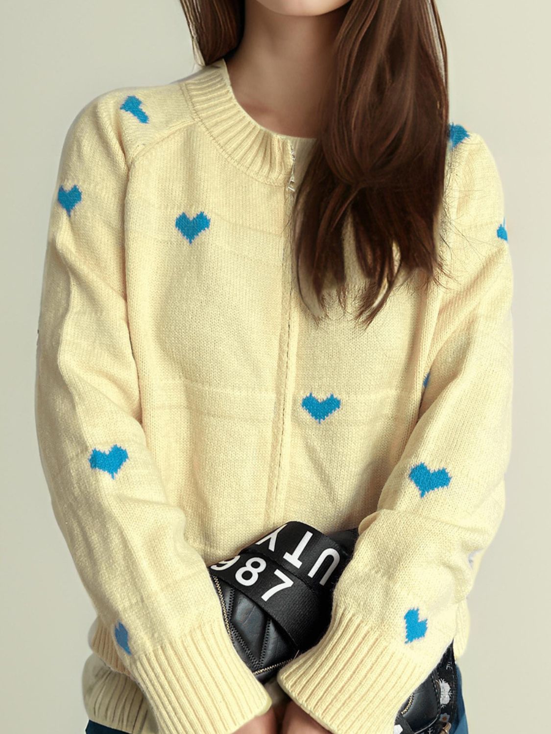 Heart Round Neck Zip Up Cardigan