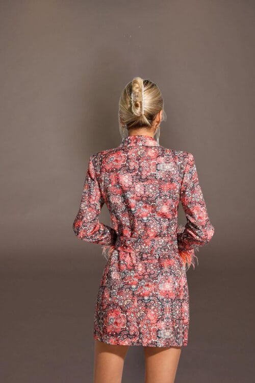 Fiery Feather-Trim Floral Blazer Dress