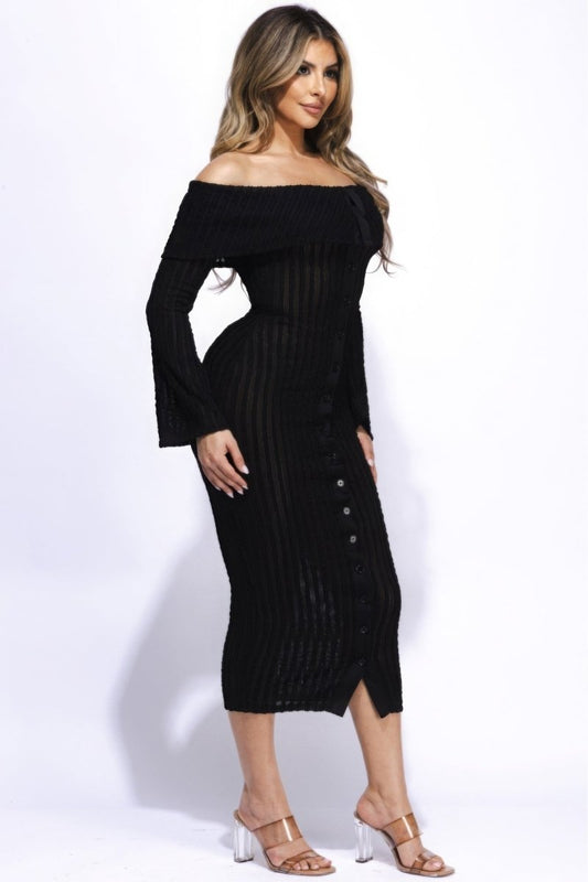 Flared Sleeve Off The Shoulder Black Midi Dress