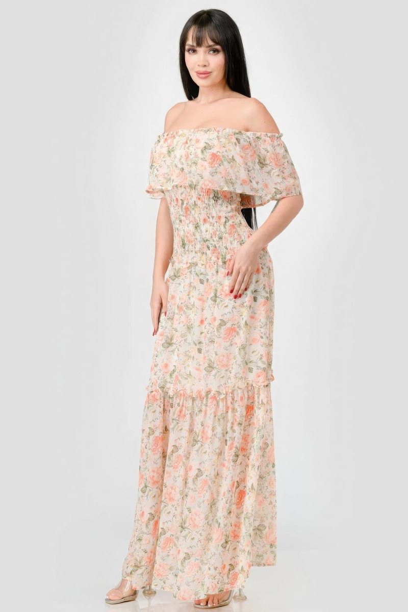 Floral Chiffon Off Shoulder Tiered Maxi Dress