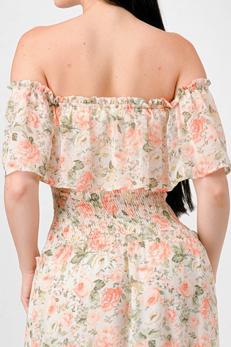 Floral Chiffon Off Shoulder Tiered Maxi Dress