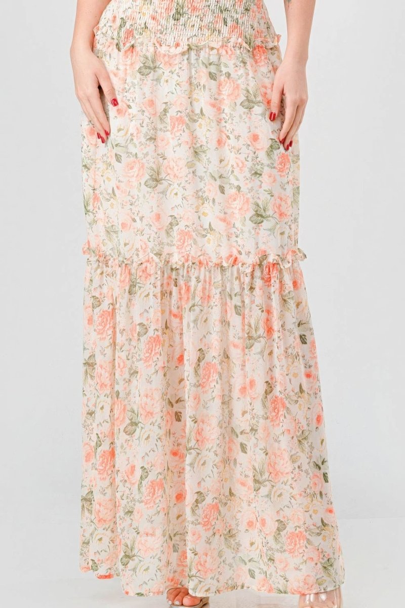 Floral Chiffon Off Shoulder Tiered Maxi Dress