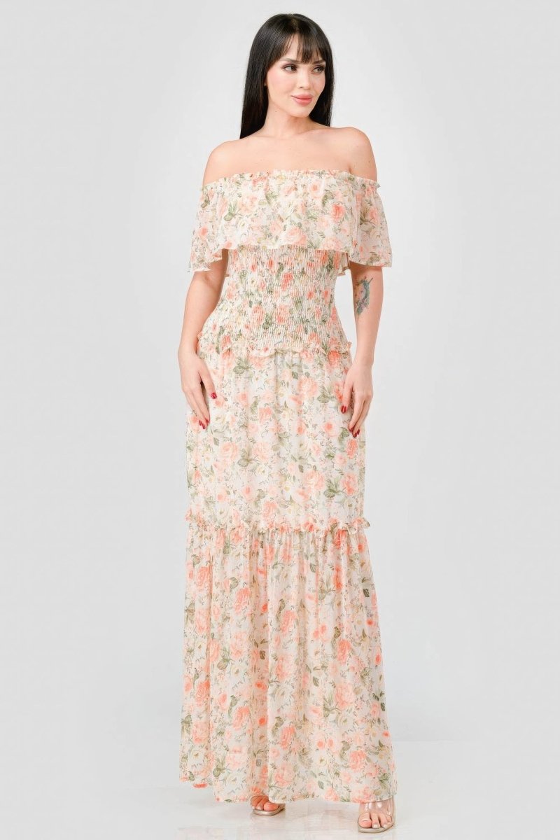 Floral Chiffon Off Shoulder Tiered Maxi Dress