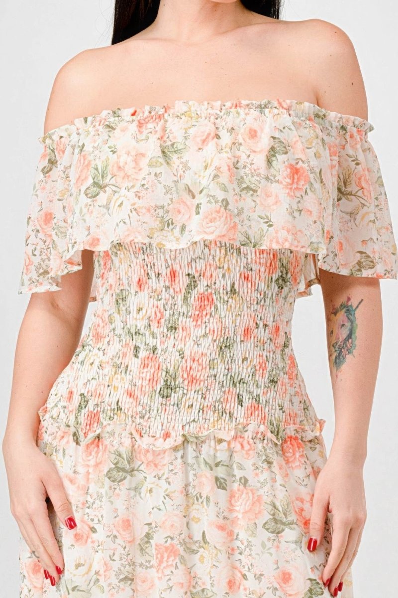 Floral Chiffon Off Shoulder Tiered Maxi Dress