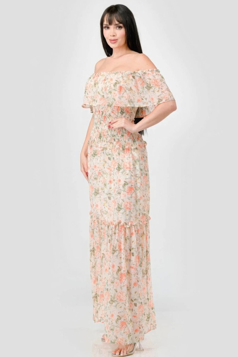 Floral Chiffon Off Shoulder Tiered Maxi Dress