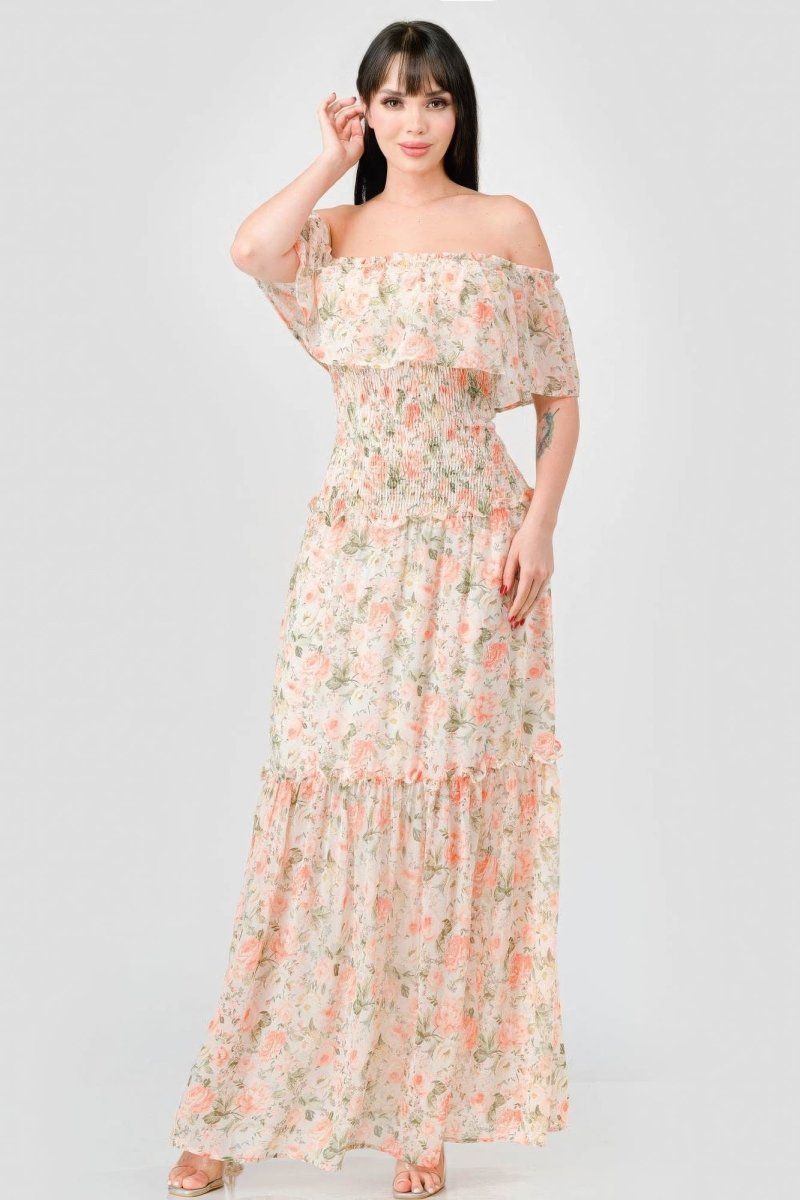 Floral Chiffon Off Shoulder Tiered Maxi Dress