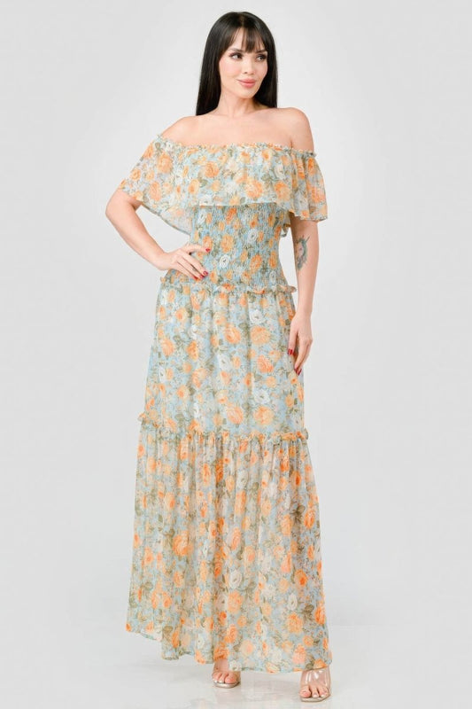 Floral Off Shoulder Wedding Guest Maxi Dress