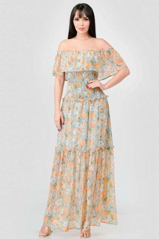 Floral Off Shoulder Wedding Guest Maxi Dress