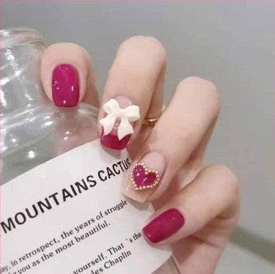 Maroon Press On Nails Heart Glossy Coffin Crystal Nail Kit