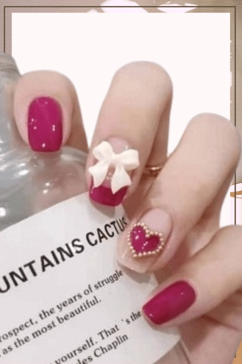 Maroon Press On Nails Heart Glossy Coffin Crystal Nail Kit