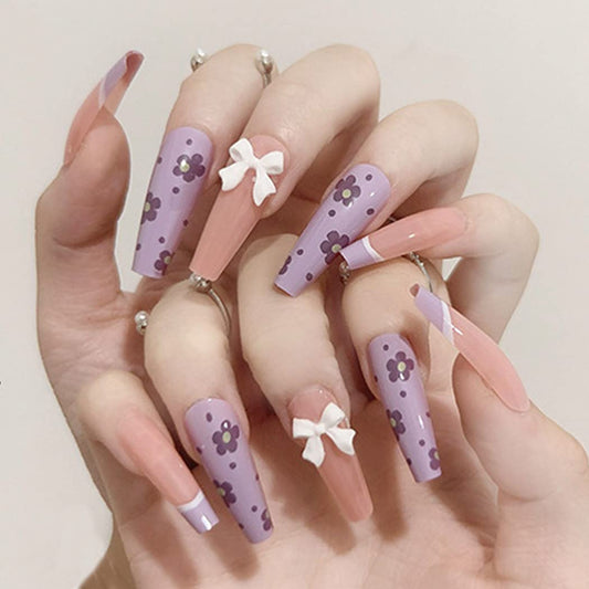 Nude Press On Nails Purple French Glossy Flower Coffin Polka Dot Nail Kit