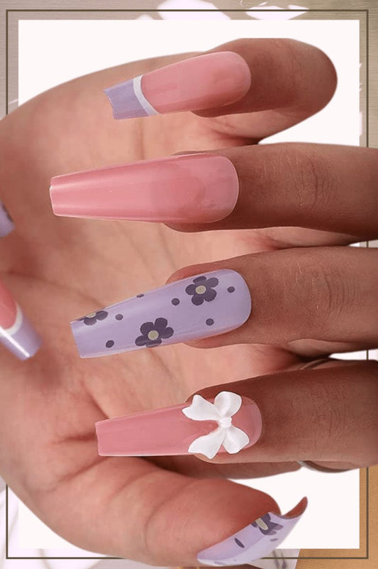 Nude Press On Nails Purple French Glossy Flower Coffin Polka Dot Nail Kit