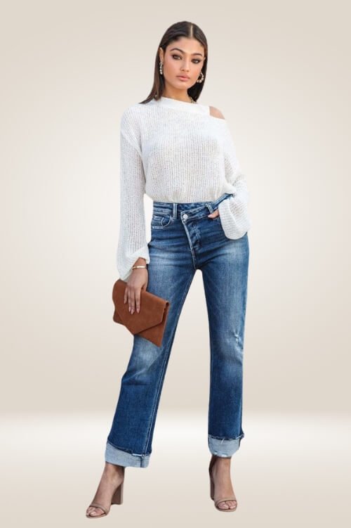 Off Side Button High Waisted Distressed Jeans - Ankle Cuff Denim