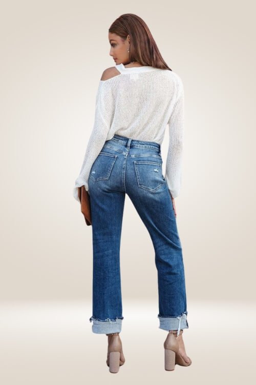 Off Side Button High Waisted Distressed Jeans - Ankle Cuff Denim