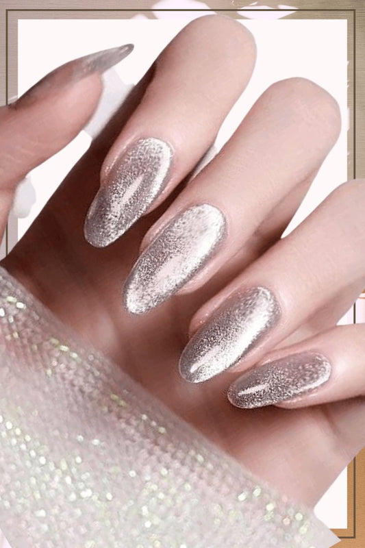 Pink Press On Nails Silver Glossy Almond Glitter Nail Kit