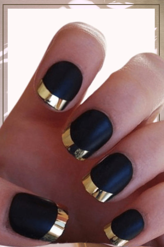 Press On Nails Black And Gold French Matte Round Nail Kit