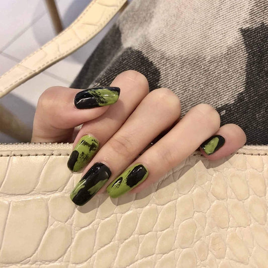 Press On Nails Black French Glossy Coffin Green Nail Kit