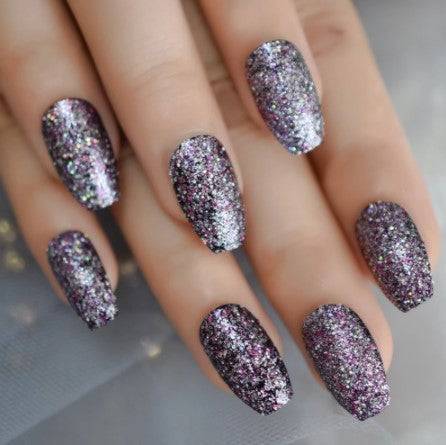 Press On Nails Black Glossy Coffin Pink Glitter Nail Kit