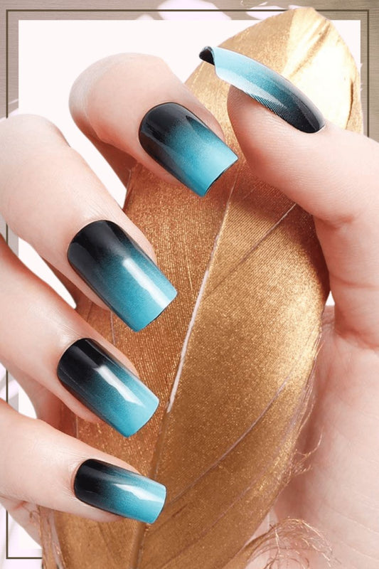 Press On Nails Black Glossy French Blue Square Nail Kit