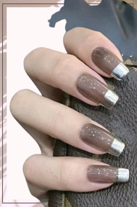 Press On Nails Black Glossy Silver French Square Nail Kit