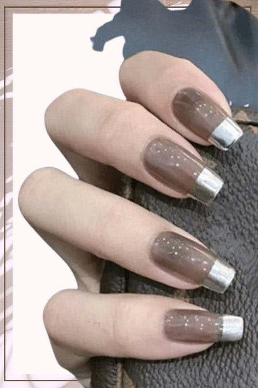 Press On Nails Black Glossy Silver French Square Nail Kit